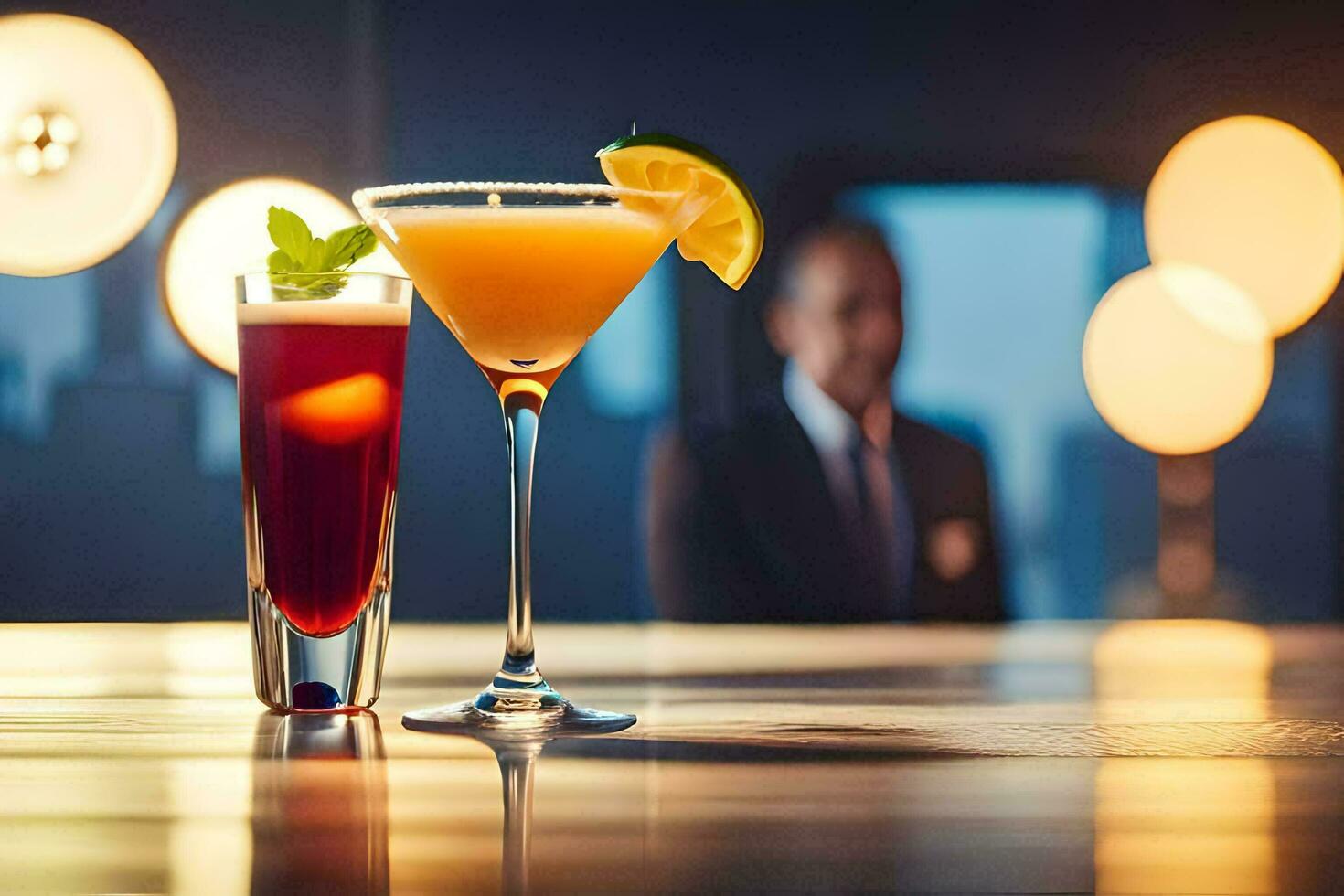 deux des cocktails asseoir sur une bar avec une homme dans le Contexte. généré par ai photo