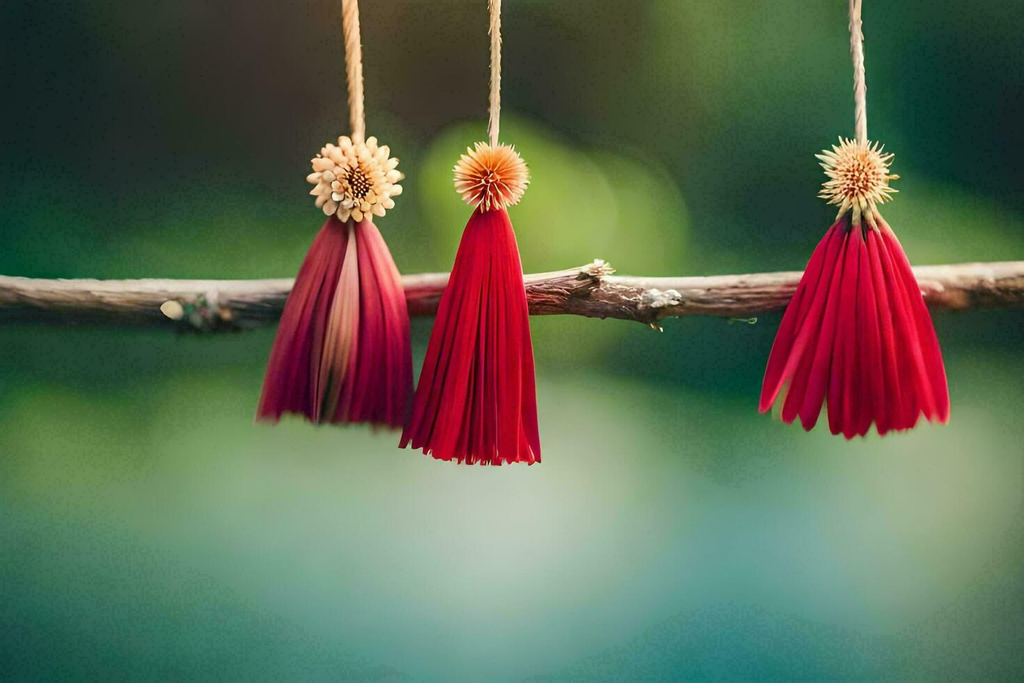 rouge pompons pendaison de une branche. généré par ai photo