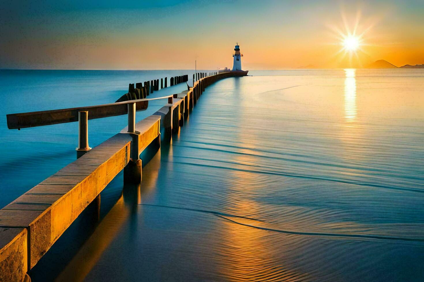 une phare des stands sur le l'eau à le coucher du soleil. généré par ai photo