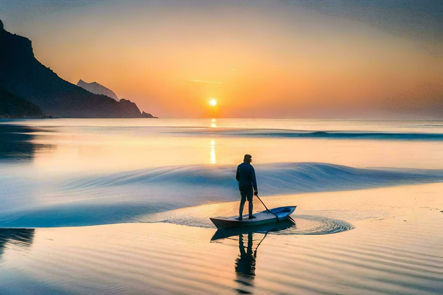 une homme dans une canoë pagayer à le coucher du soleil. généré par ai photo