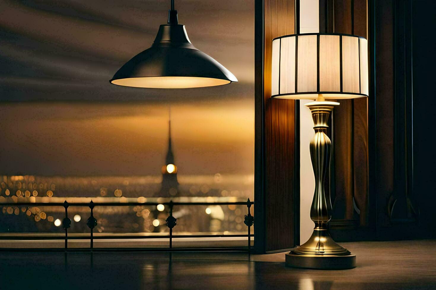 une lampe et une abat-jour sur une table dans de face de une la fenêtre. généré par ai photo