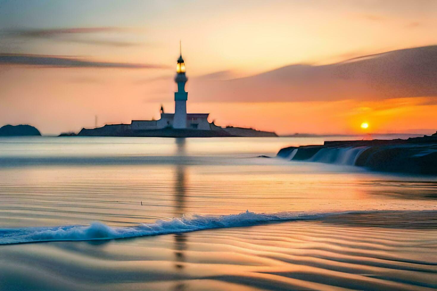 une phare des stands sur le rive de une corps de l'eau. généré par ai photo