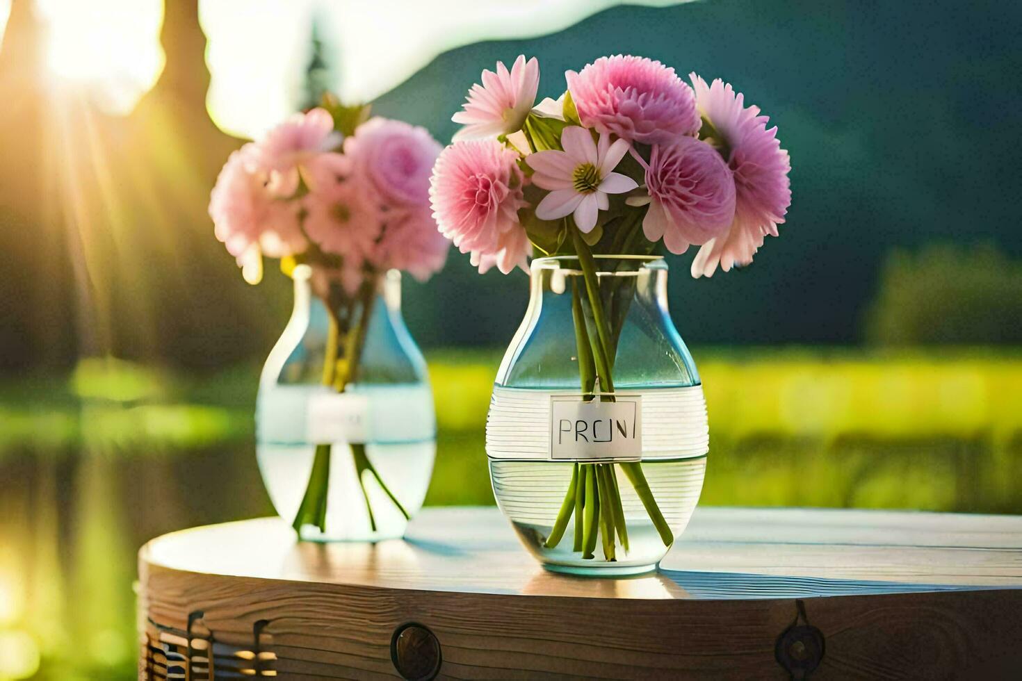 deux des vases avec rose fleurs sur une tableau. généré par ai photo