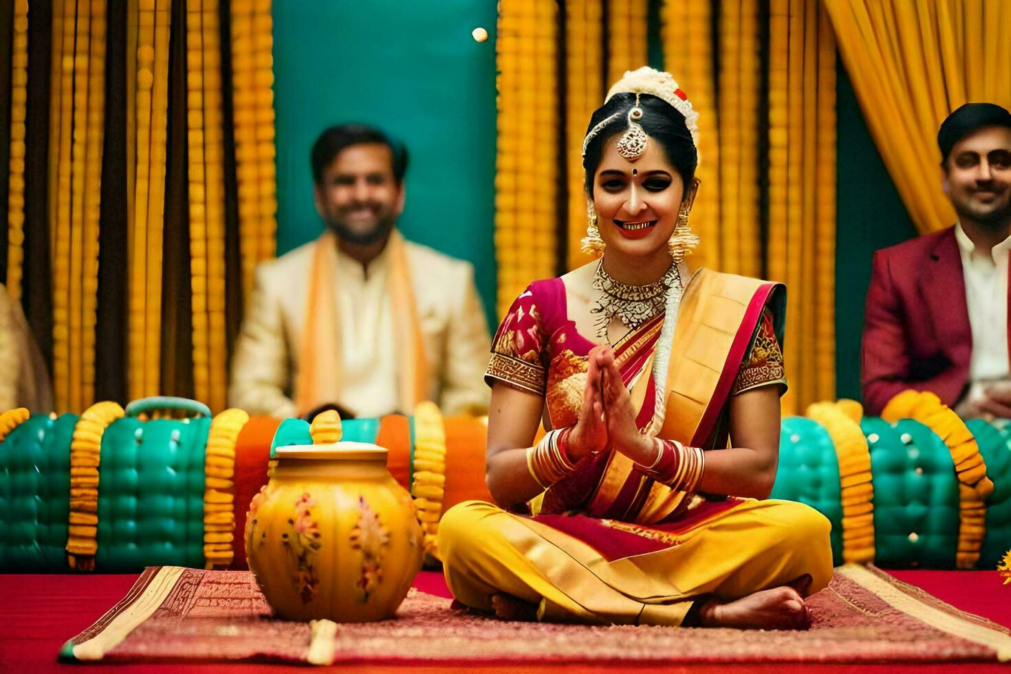 une la mariée dans traditionnel Indien tenue est assis sur le sol avec sa mains dans le air. généré par ai photo