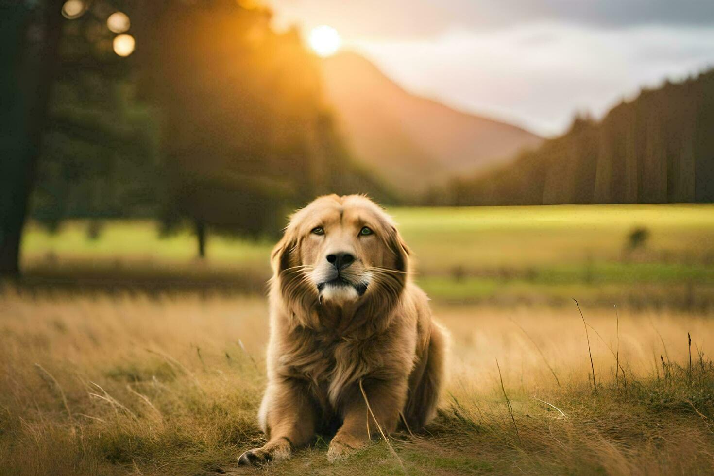 d'or retriever séance dans le herbe à le coucher du soleil. généré par ai photo