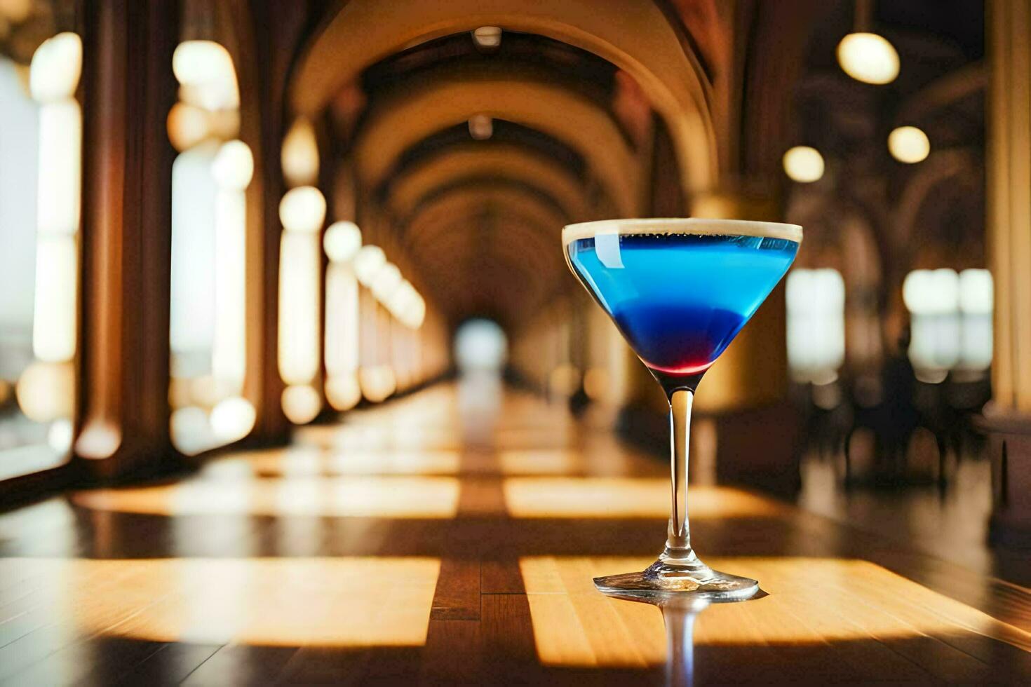 une bleu cocktail séance sur une table dans une couloir. généré par ai photo