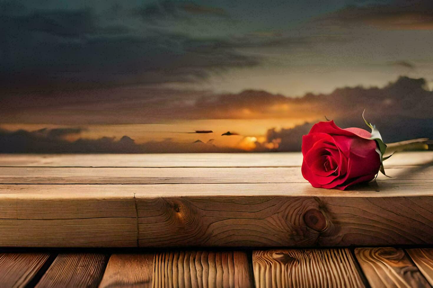 une Célibataire rouge Rose est assis sur une en bois table dans de face de une le coucher du soleil. généré par ai photo
