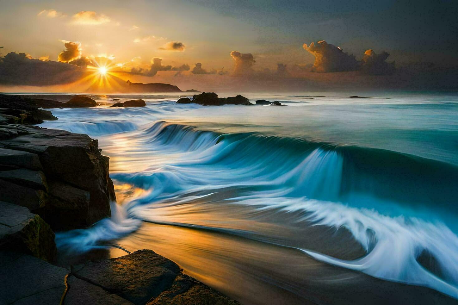 le Soleil monte plus de le océan et vagues crash dans rochers. généré par ai photo