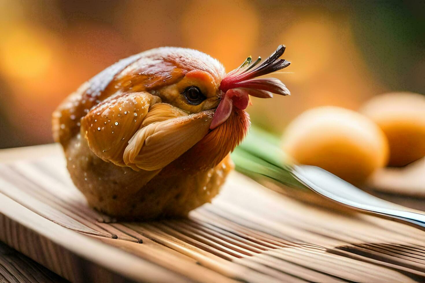 une poulet est séance sur une en bois Coupe planche. généré par ai photo