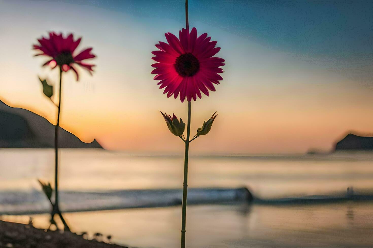 deux rose fleurs sont permanent sur le plage à le coucher du soleil. généré par ai photo
