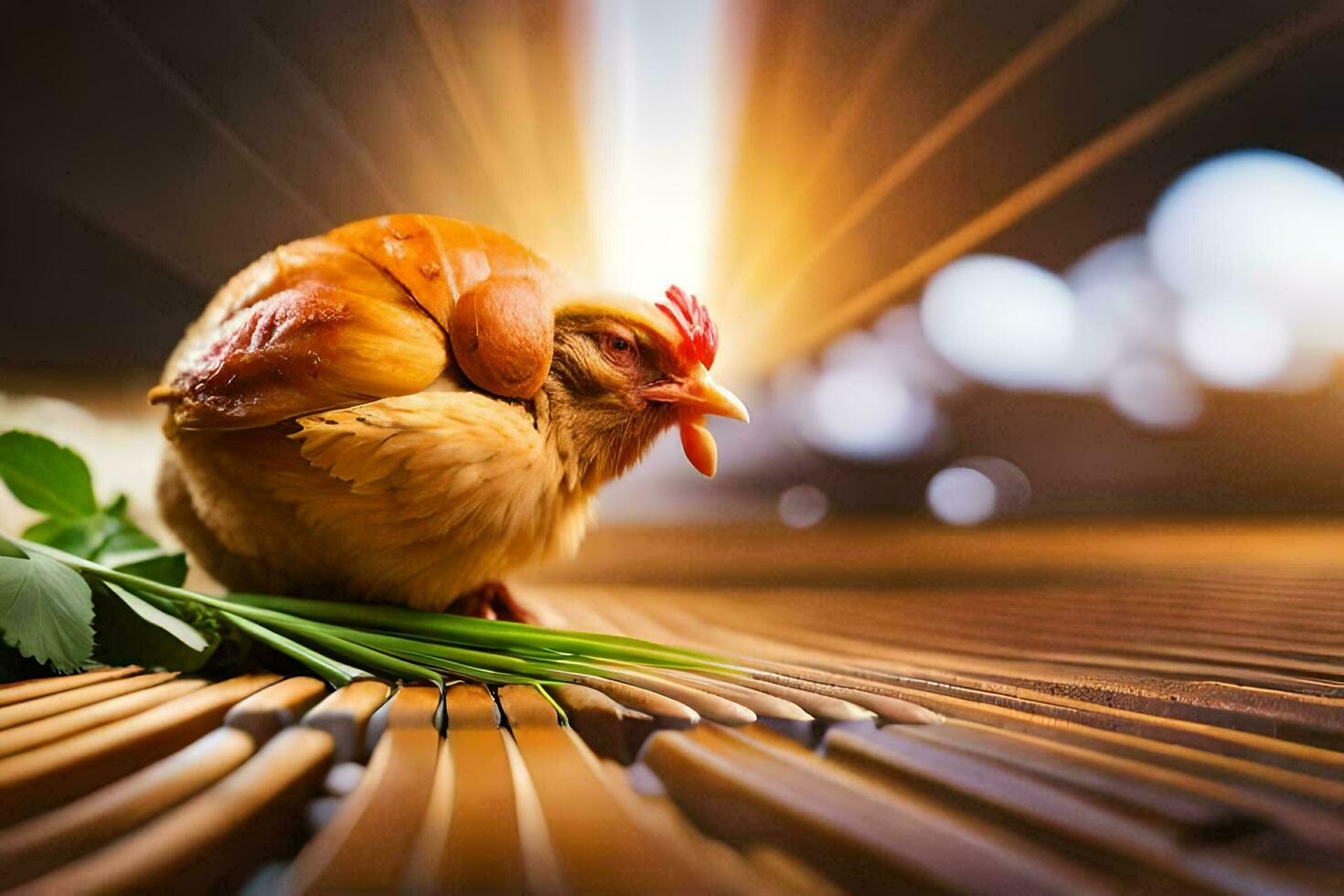 une poulet est séance sur une bambou tapis avec une feuille. généré par ai photo