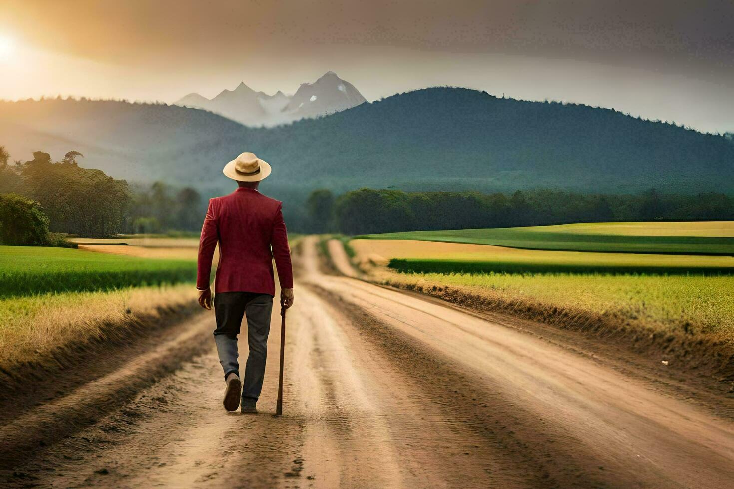 une homme dans une rouge veste et chapeau en marchant vers le bas une saleté route. généré par ai photo