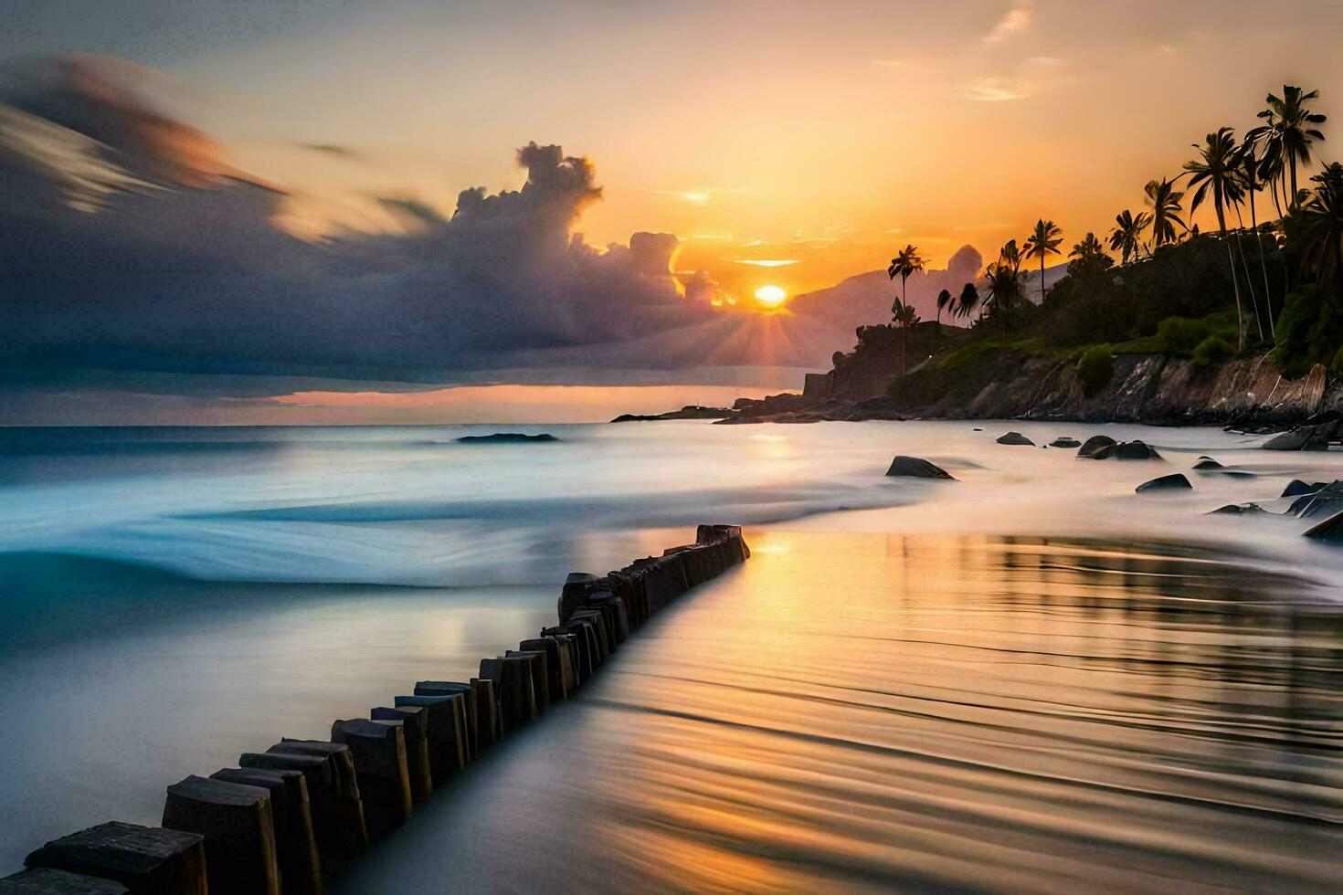 le coucher du soleil sur le plage, sri lanka, plage, eau, cascades, lever du soleil. généré par ai photo