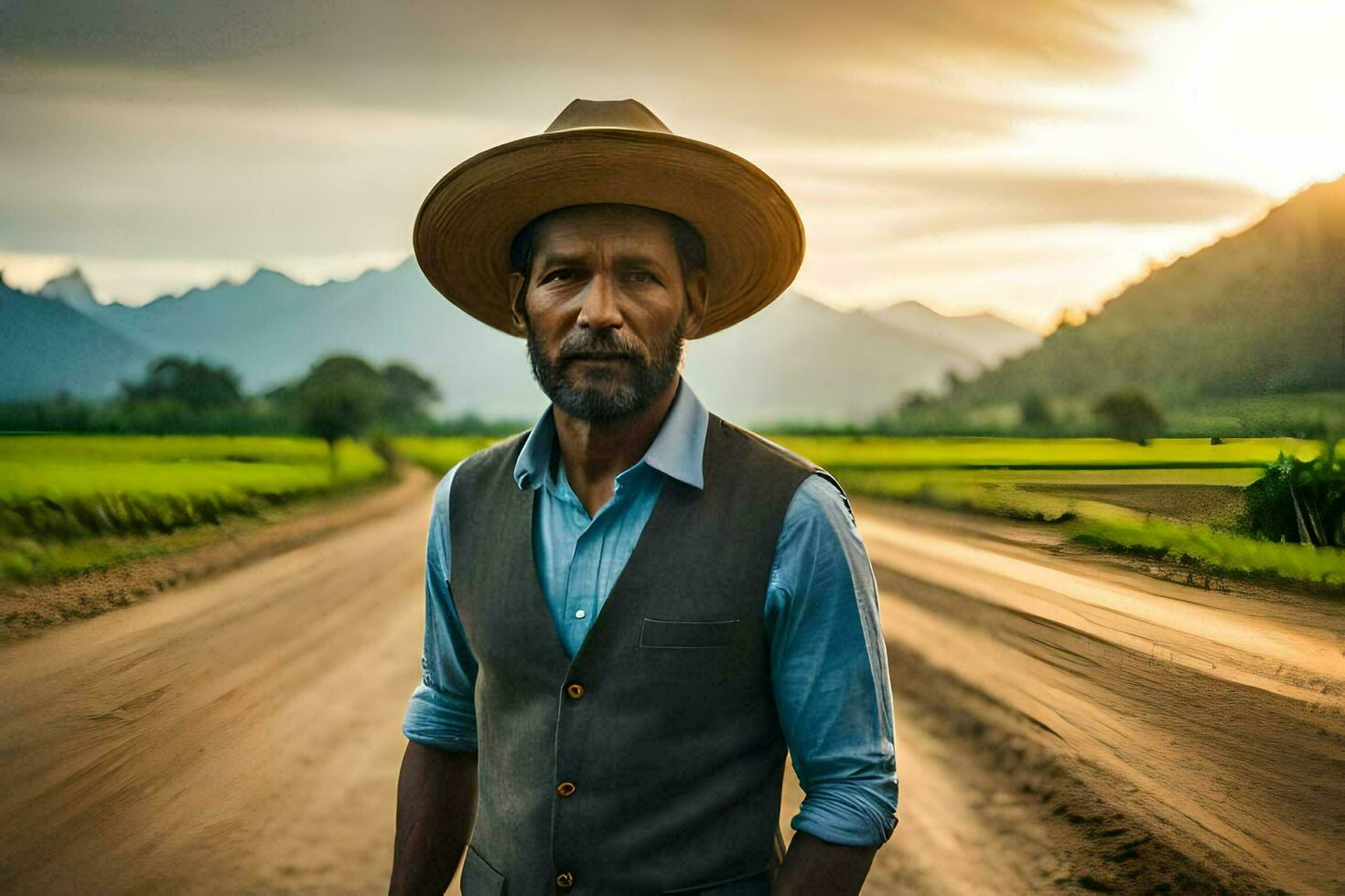 une homme dans une chapeau permanent sur une saleté route. généré par ai photo