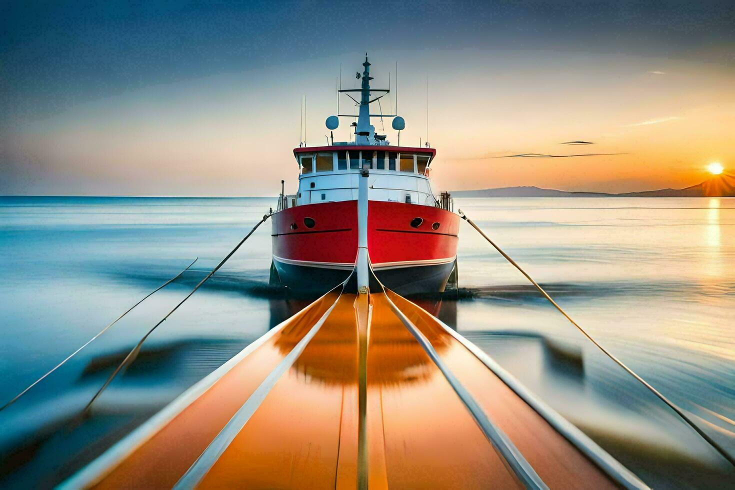 une remorqueur bateau en voyageant par le océan à le coucher du soleil. généré par ai photo