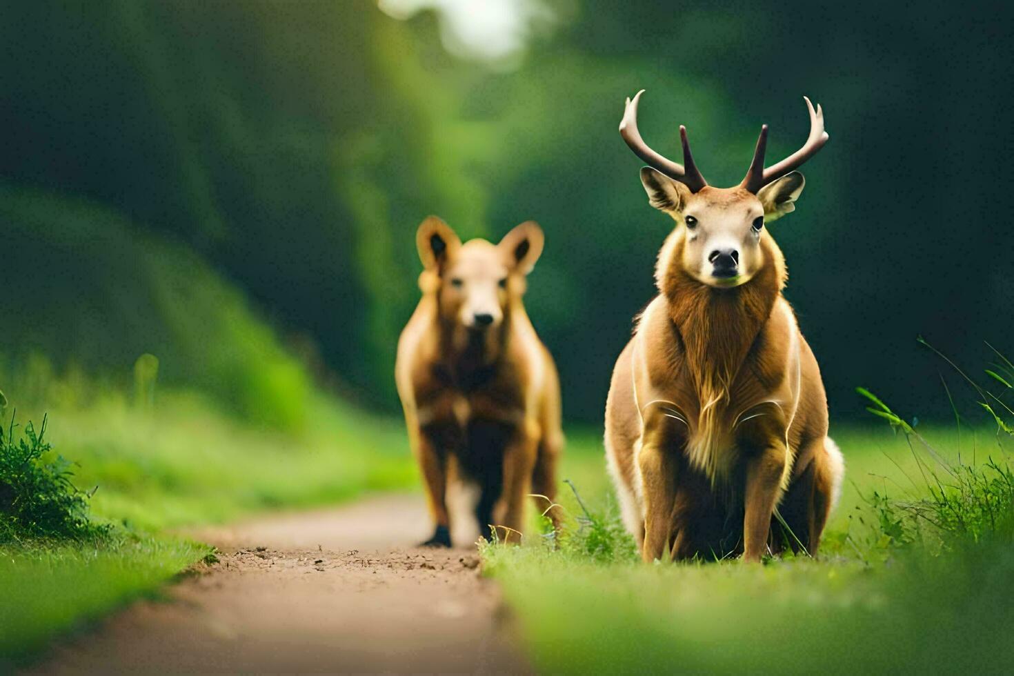 deux cerf permanent sur une chemin dans le les bois. généré par ai photo