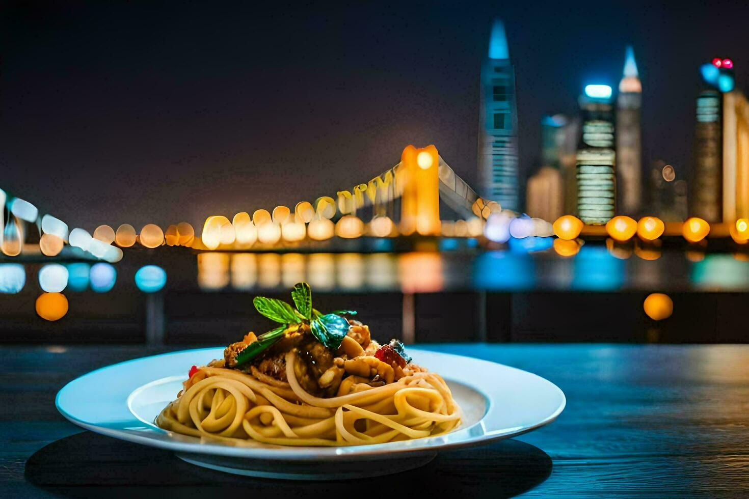 une assiette de spaghetti avec une vue de le ville. généré par ai photo