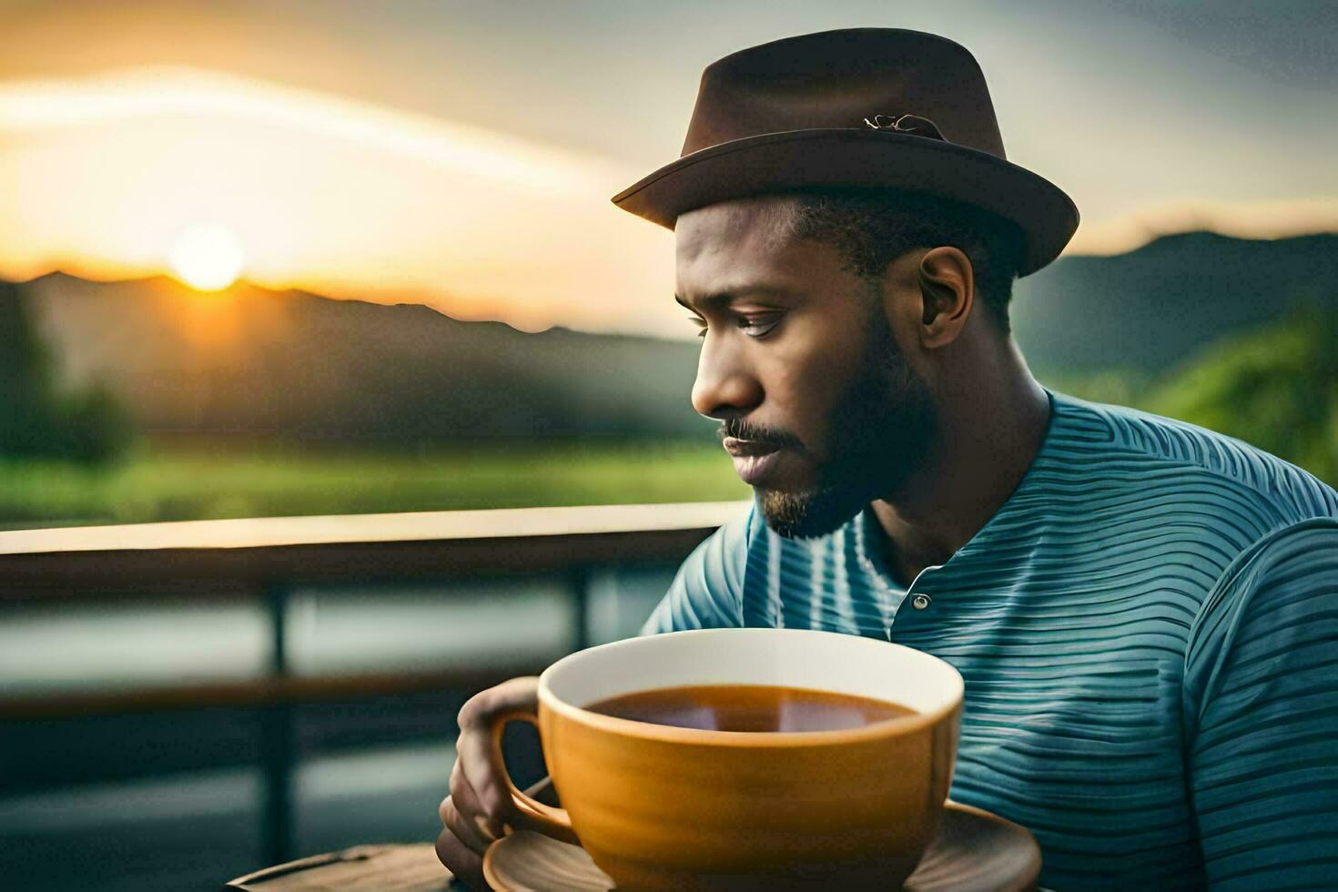 une homme dans une chapeau en portant une tasse de thé. généré par ai photo