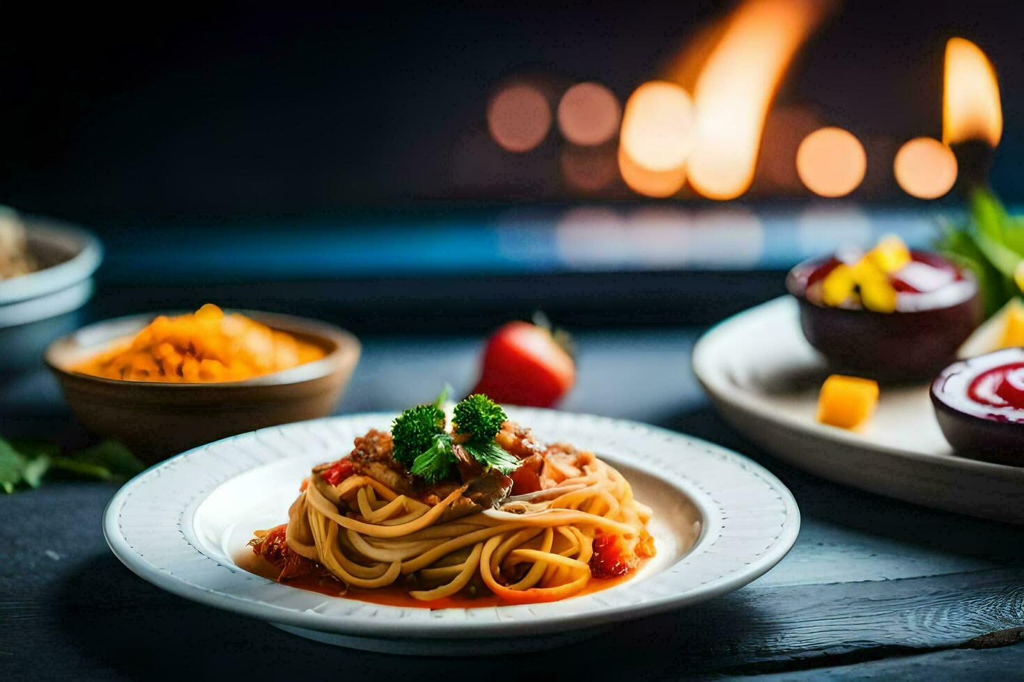 spaghetti avec Viande sauce et des légumes sur une plaque. généré par ai photo