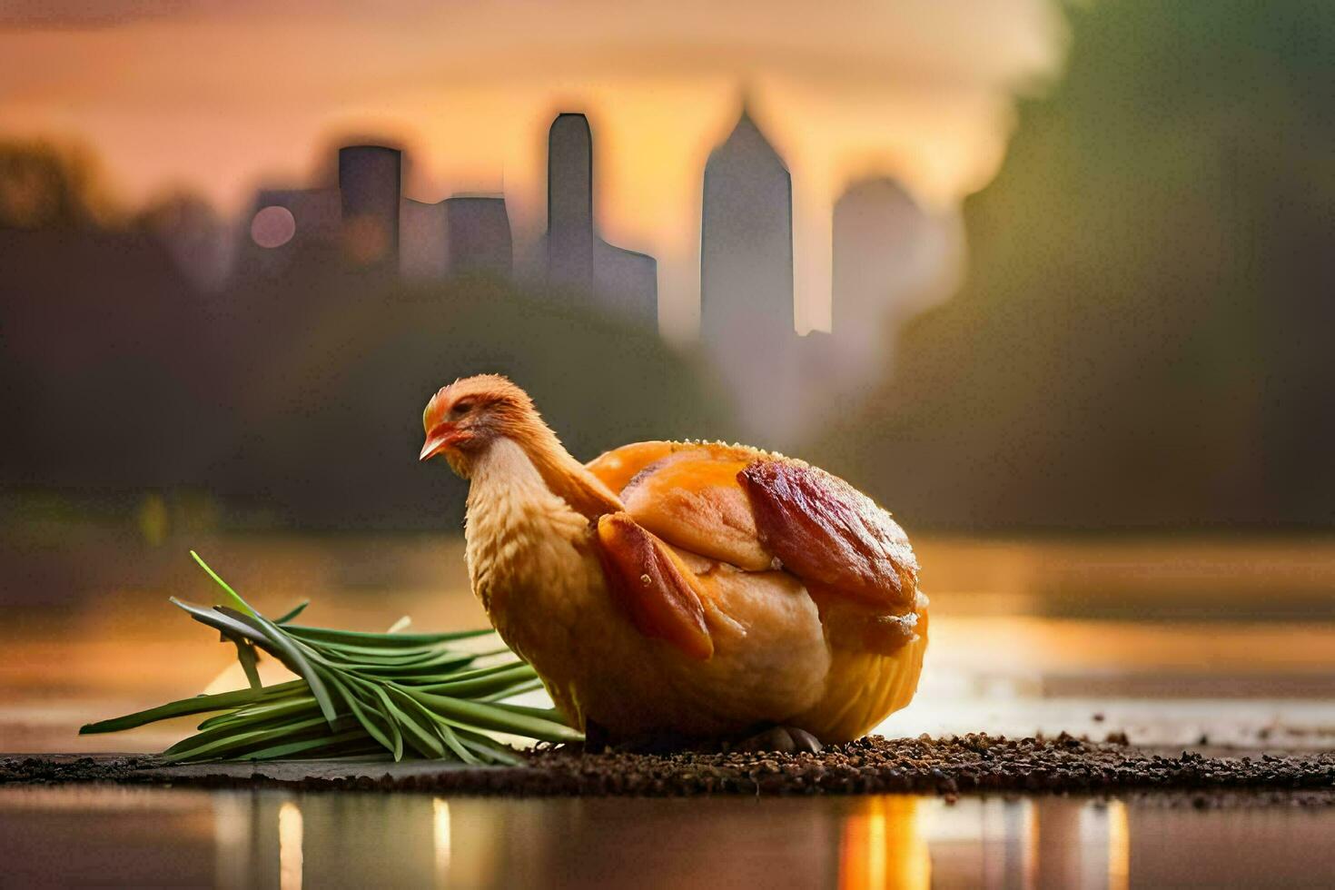 une poulet est séance sur le sol près une rivière. généré par ai photo