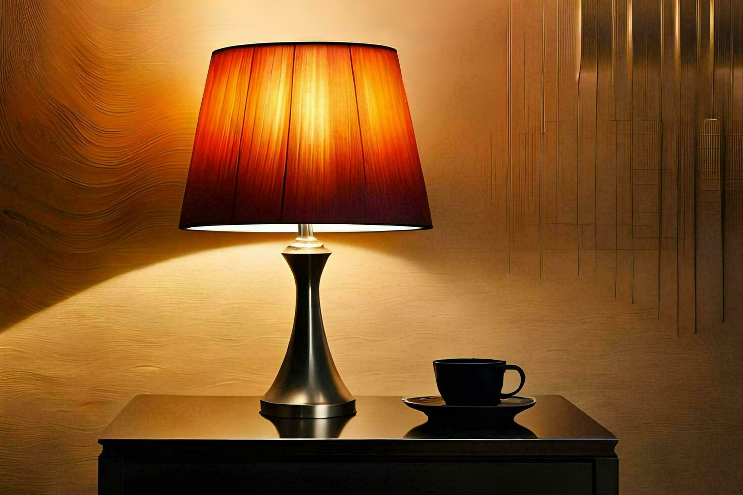 une table lampe avec une rouge ombre sur il. généré par ai photo