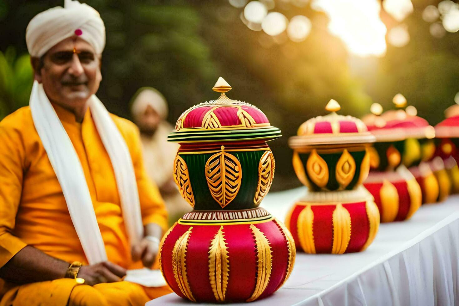 une homme dans un Indien tenue est assis suivant à une table avec coloré vases. généré par ai photo