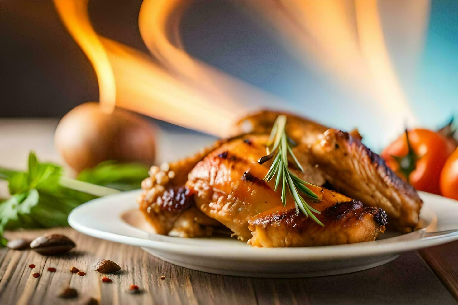 grillé poulet ailes sur une assiette avec herbes et épices. généré par ai photo