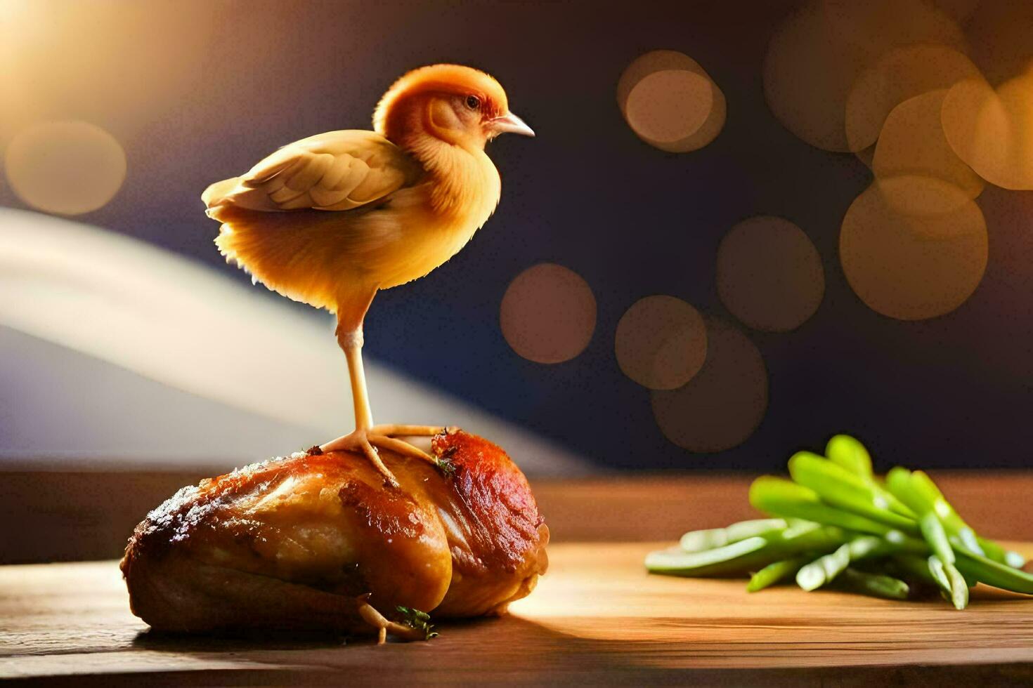 une poulet est permanent sur Haut de une pièce de Viande. généré par ai photo