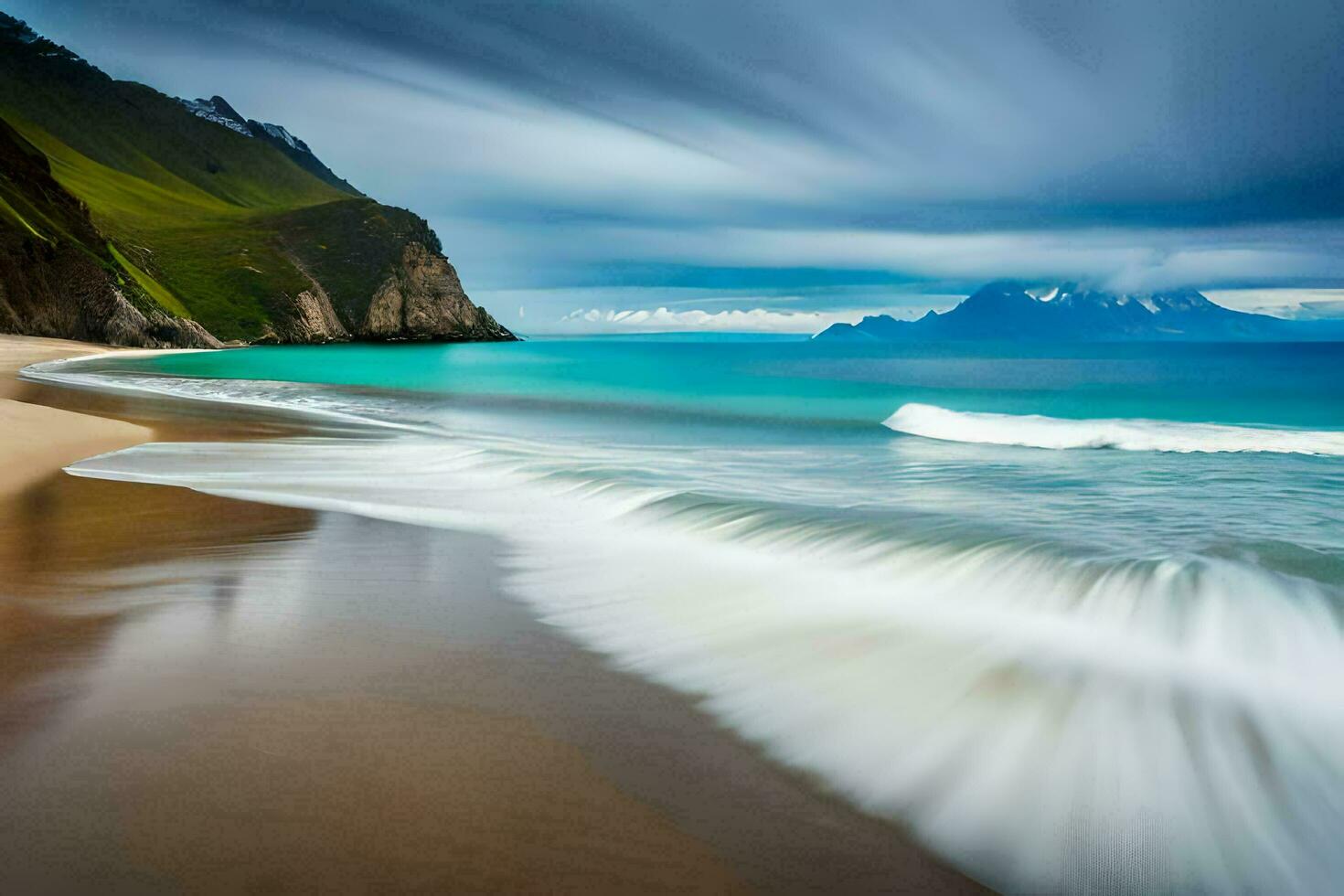 une plage avec vagues et montagnes dans le Contexte. généré par ai photo