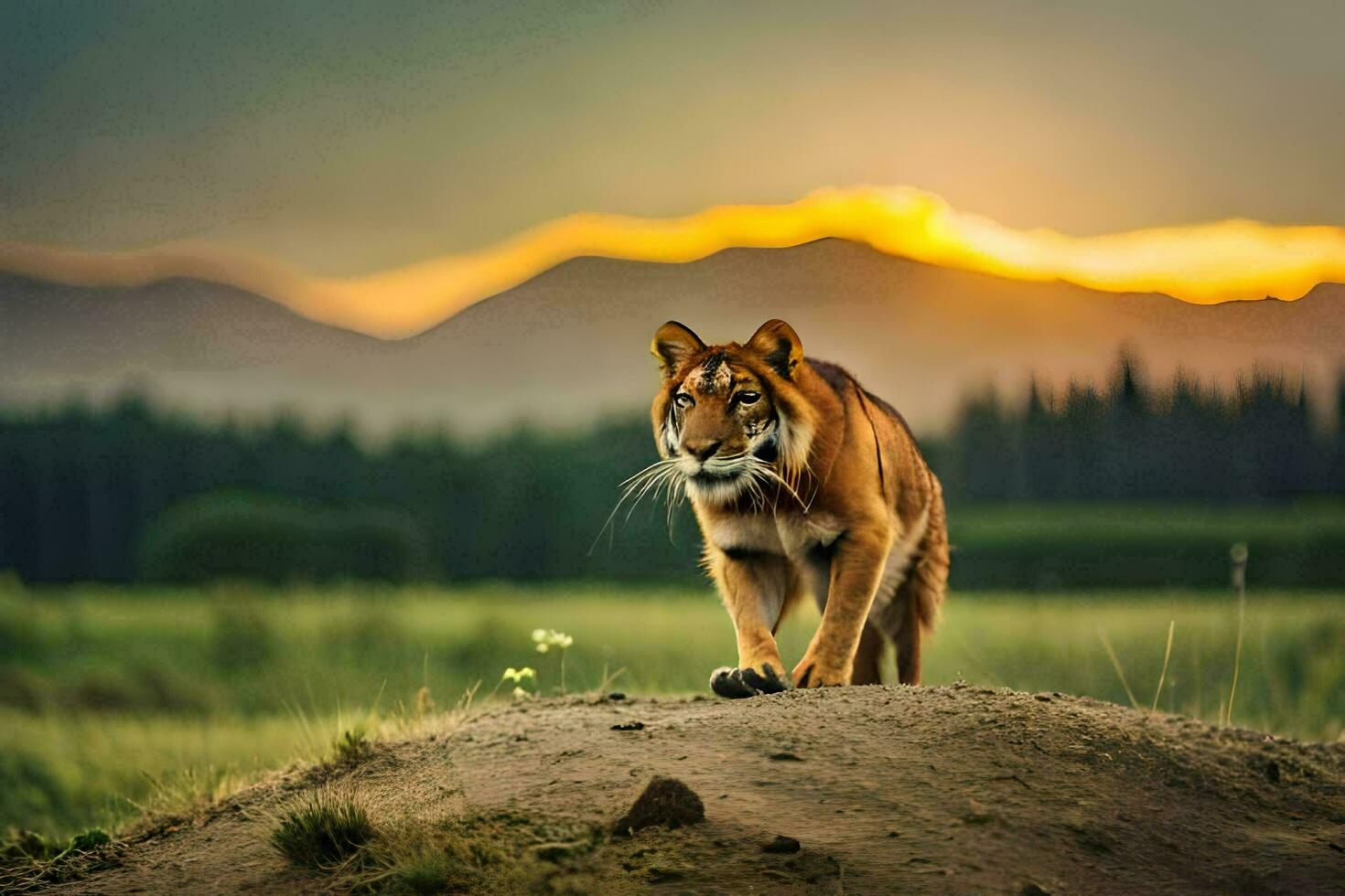 une tigre en marchant à travers une champ à le coucher du soleil. généré par ai photo