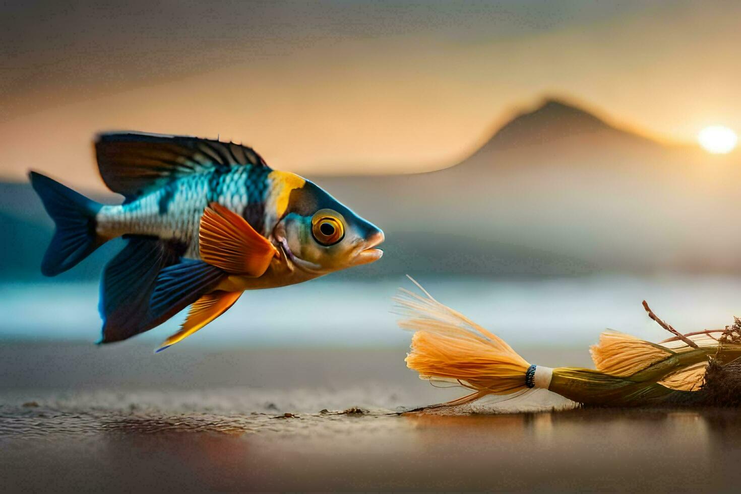 une poisson est fonctionnement vers une pièce de bois flotté. généré par ai photo