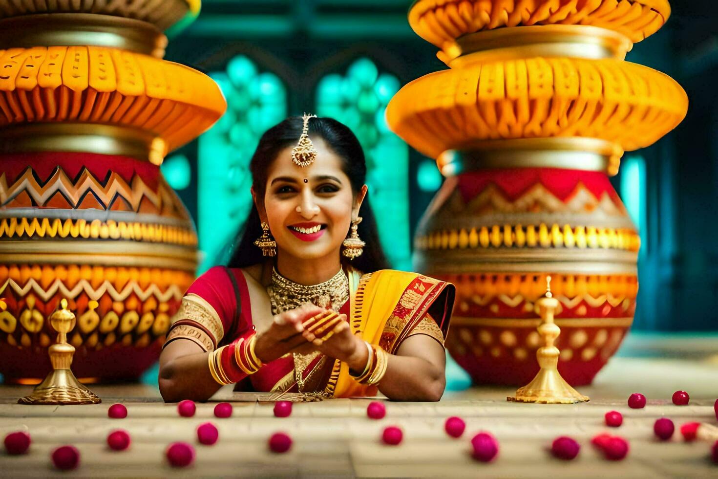 une magnifique femme dans traditionnel Indien tenue est assis sur le sol avec une bouquet de coloré fleurs. généré par ai photo