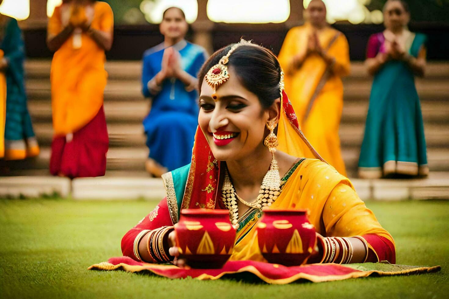 une femme dans traditionnel Indien robe séance sur le herbe. généré par ai photo