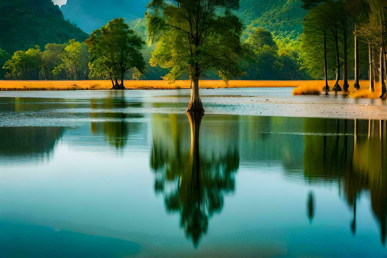 une Lac avec des arbres et montagnes dans le Contexte. généré par ai photo