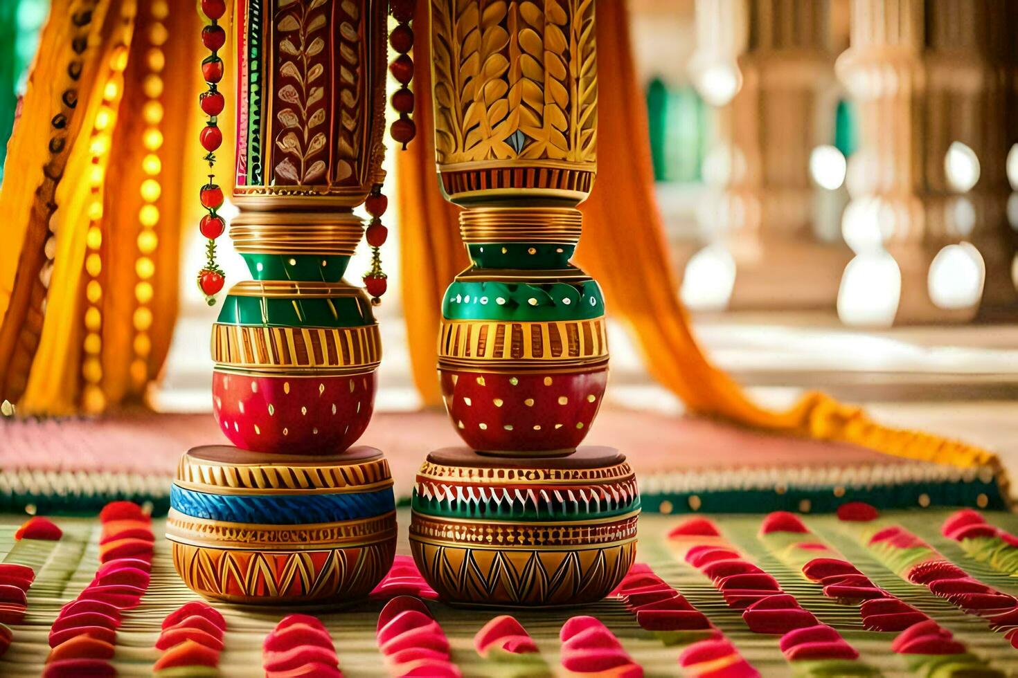 coloré des vases sur une couverture dans une chambre. généré par ai photo