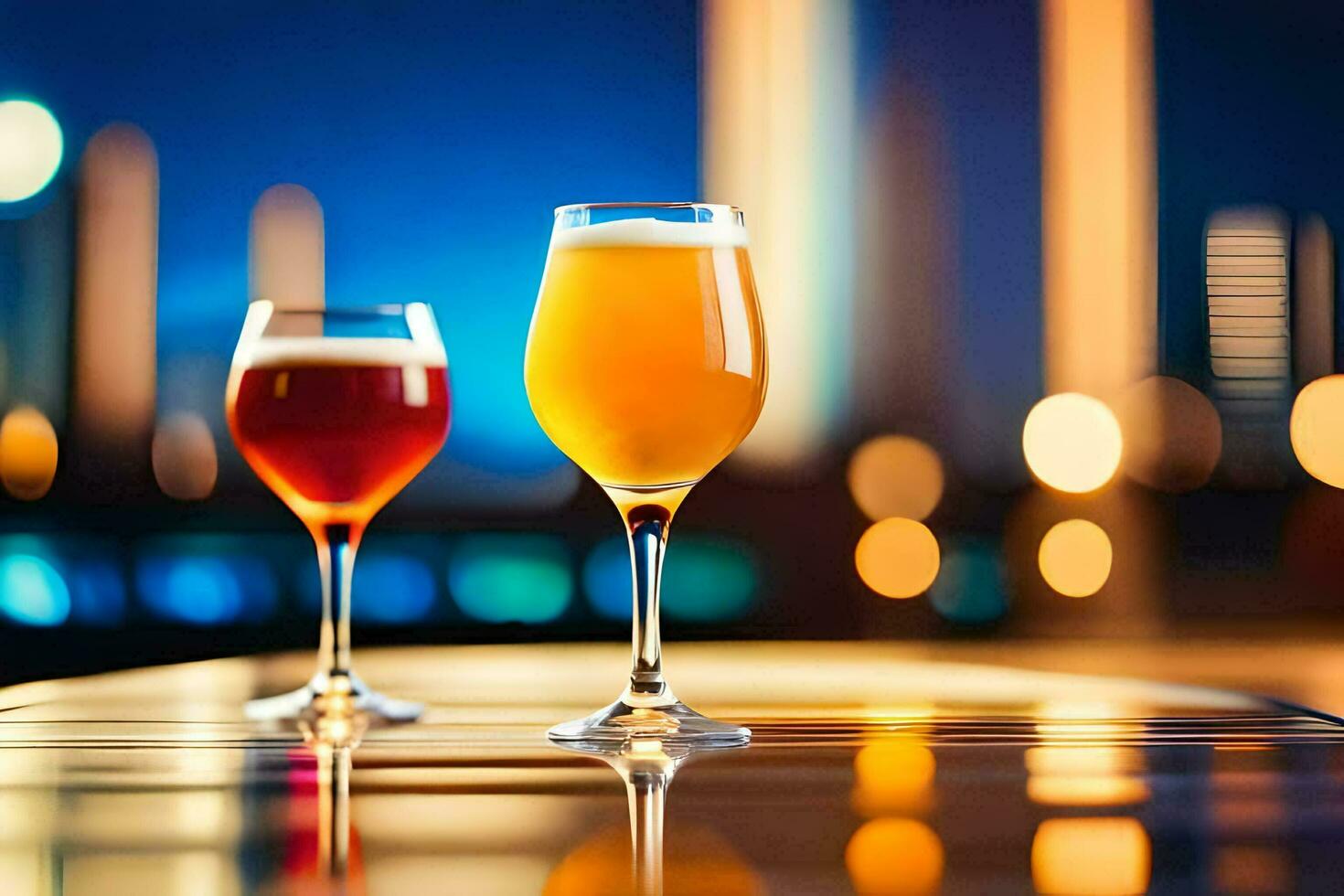 deux des lunettes de Bière sur une table dans de face de une ville ligne d'horizon. généré par ai photo