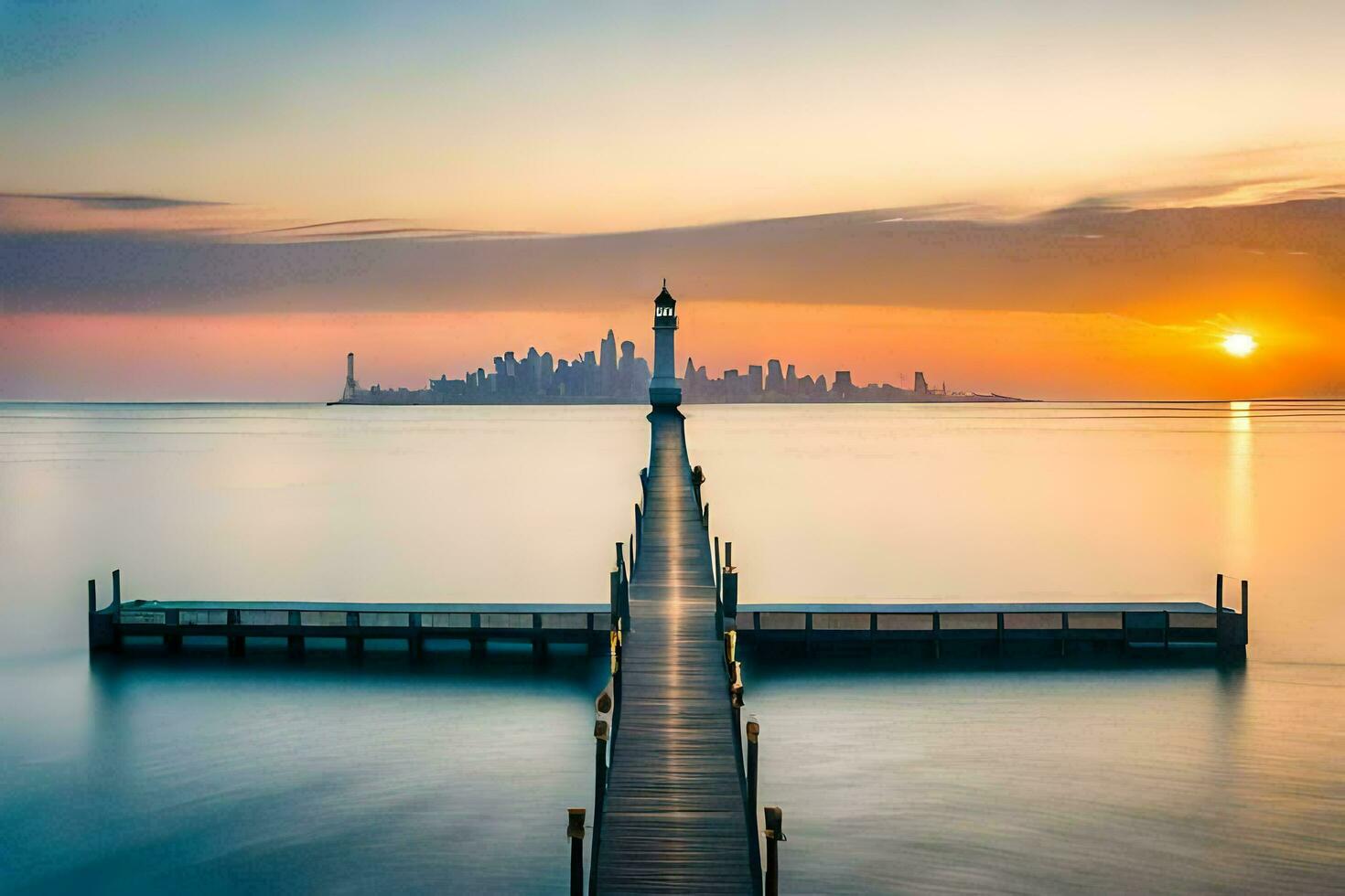 une jetée avec une ville horizon dans le Contexte. généré par ai photo