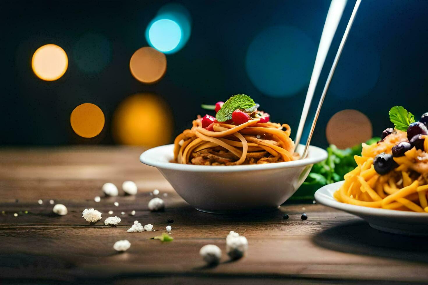 spaghetti avec Boulettes de viande et fromage sur une en bois tableau. généré par ai photo