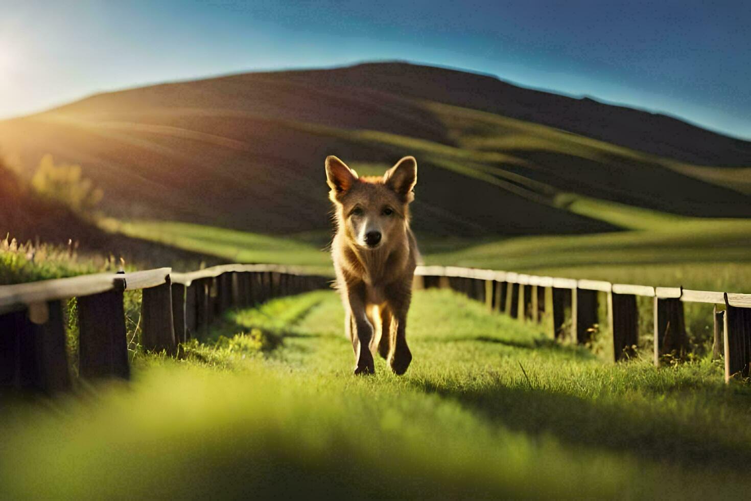 une chien en marchant sur une en bois pont dans le milieu de une champ. généré par ai photo