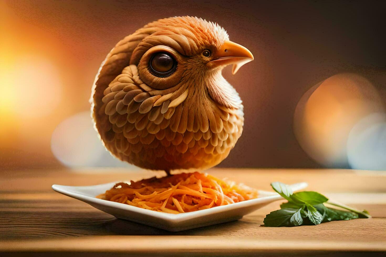 une poulet sculpture sur une assiette avec nouilles. généré par ai photo