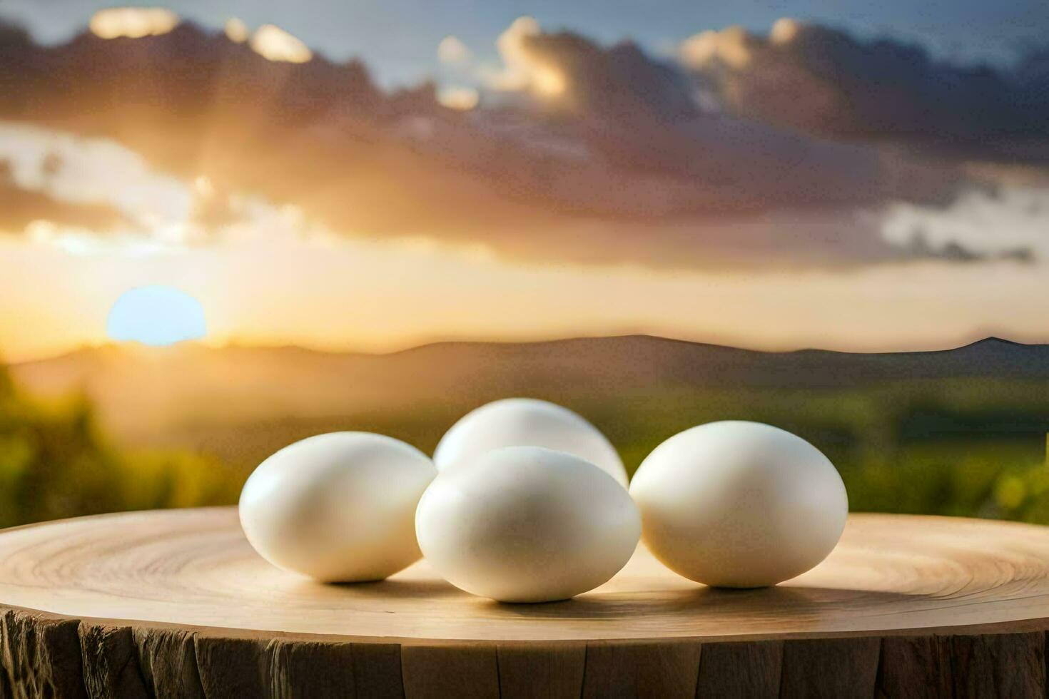 quatre blanc des œufs sur une en bois table avec le Soleil réglage derrière eux. généré par ai photo