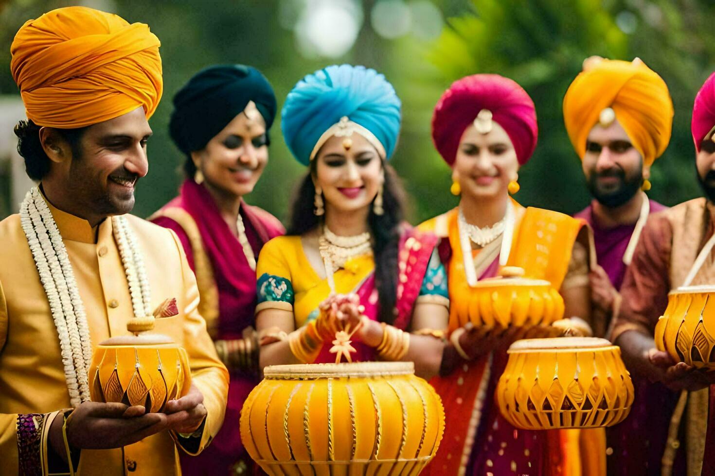 Indien mariage fête avec le la mariée et jeune marié dans traditionnel tenue. généré par ai photo