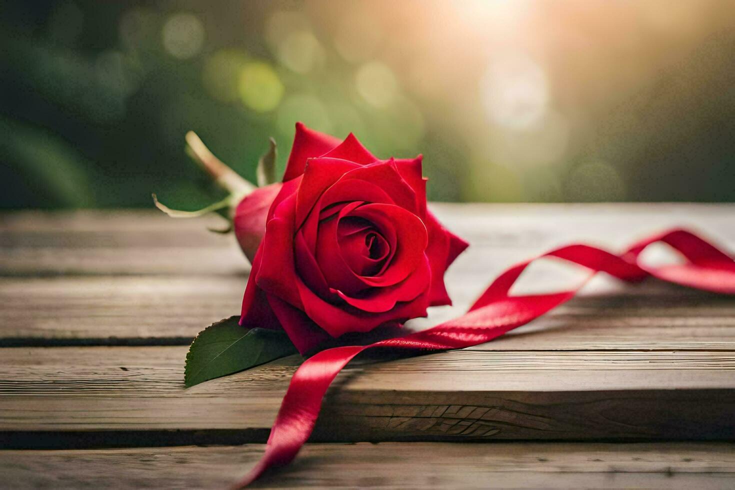 une rouge Rose sur une en bois table avec une rouge ruban. généré par ai photo