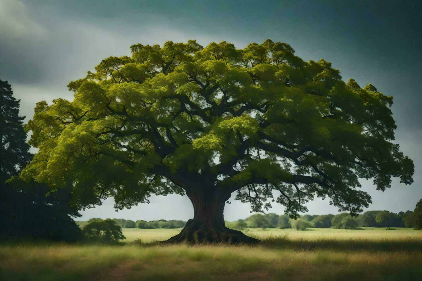 une grand arbre dans une champ avec foncé des nuages. généré par ai photo