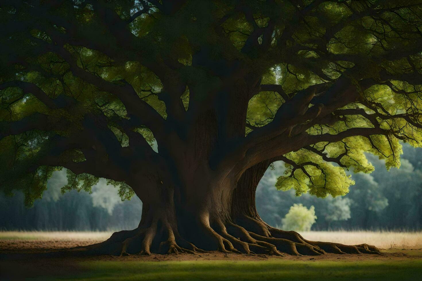 une grand arbre avec les racines dans le herbe. généré par ai photo