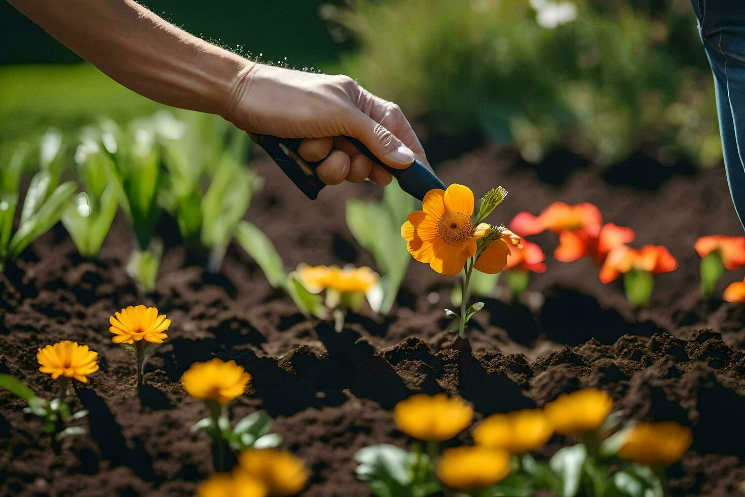 une la personne est en utilisant une jardin outil à plante fleurs. généré par ai photo