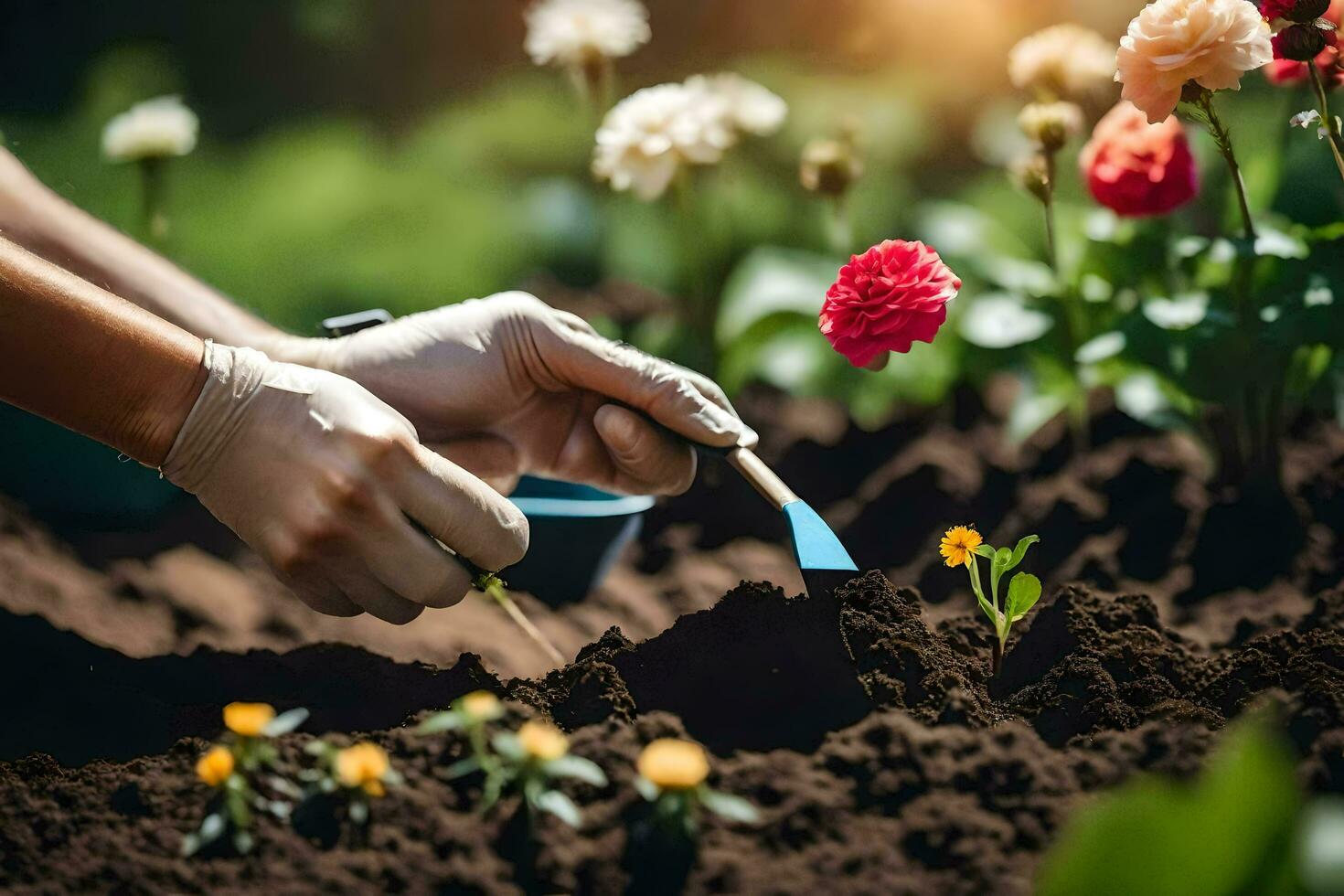 une la personne est plantation fleurs dans le jardin. généré par ai photo