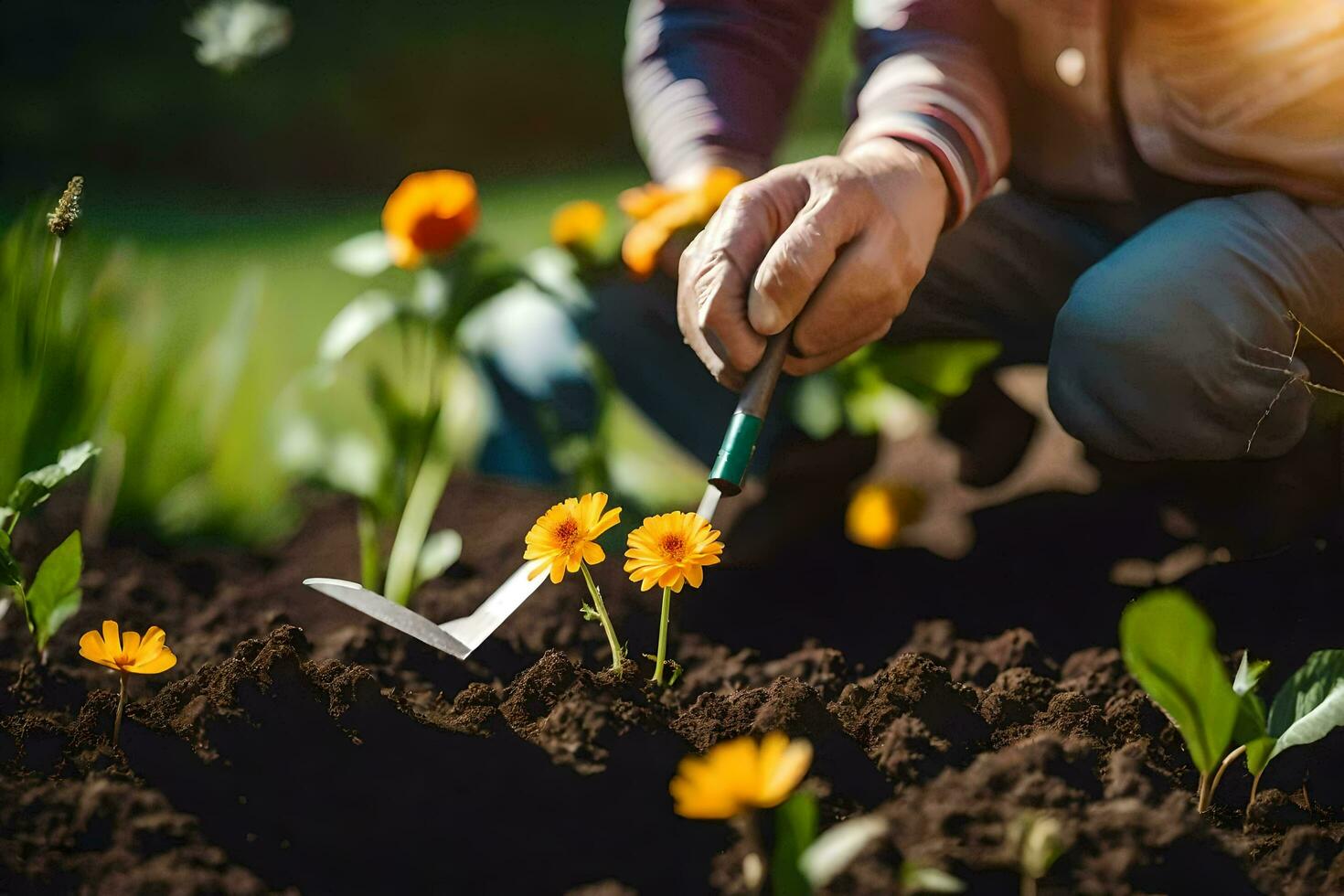 une homme est plantation fleurs dans le jardin. généré par ai photo