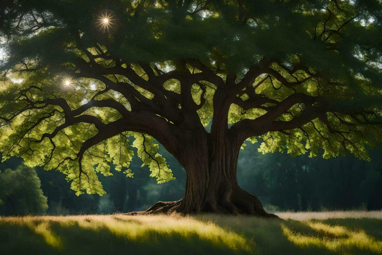 une grand arbre dans le milieu de une champ. généré par ai photo