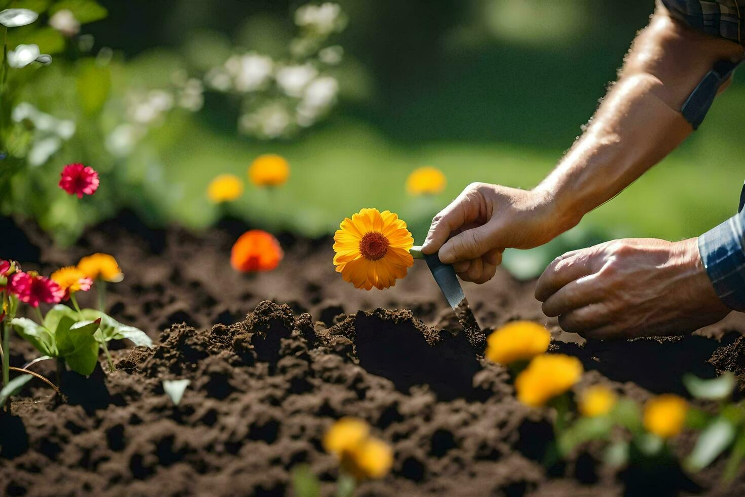 une homme est plantation fleurs dans le jardin. généré par ai photo